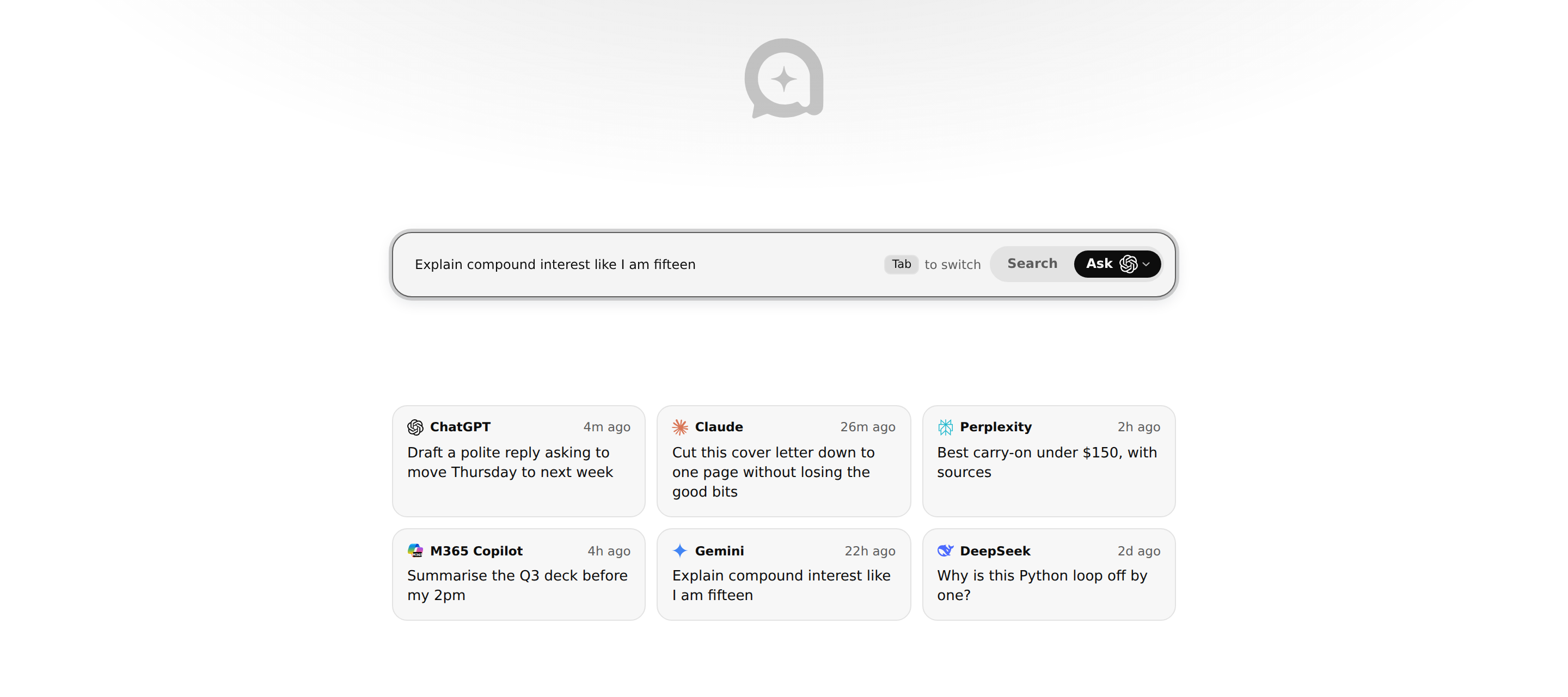 AnyChat's new tab page: one text box in Ask mode with the ChatGPT mark, and six cards below it showing recent questions sent to ChatGPT, Claude, Perplexity, M365 Copilot, Gemini and DeepSeek. Pressing Tab switches the box back to searching.