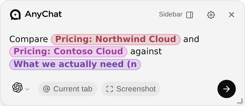 One question in the AnyChat box built from three open tabs: two pricing pages and a notes page, each a coloured chip.