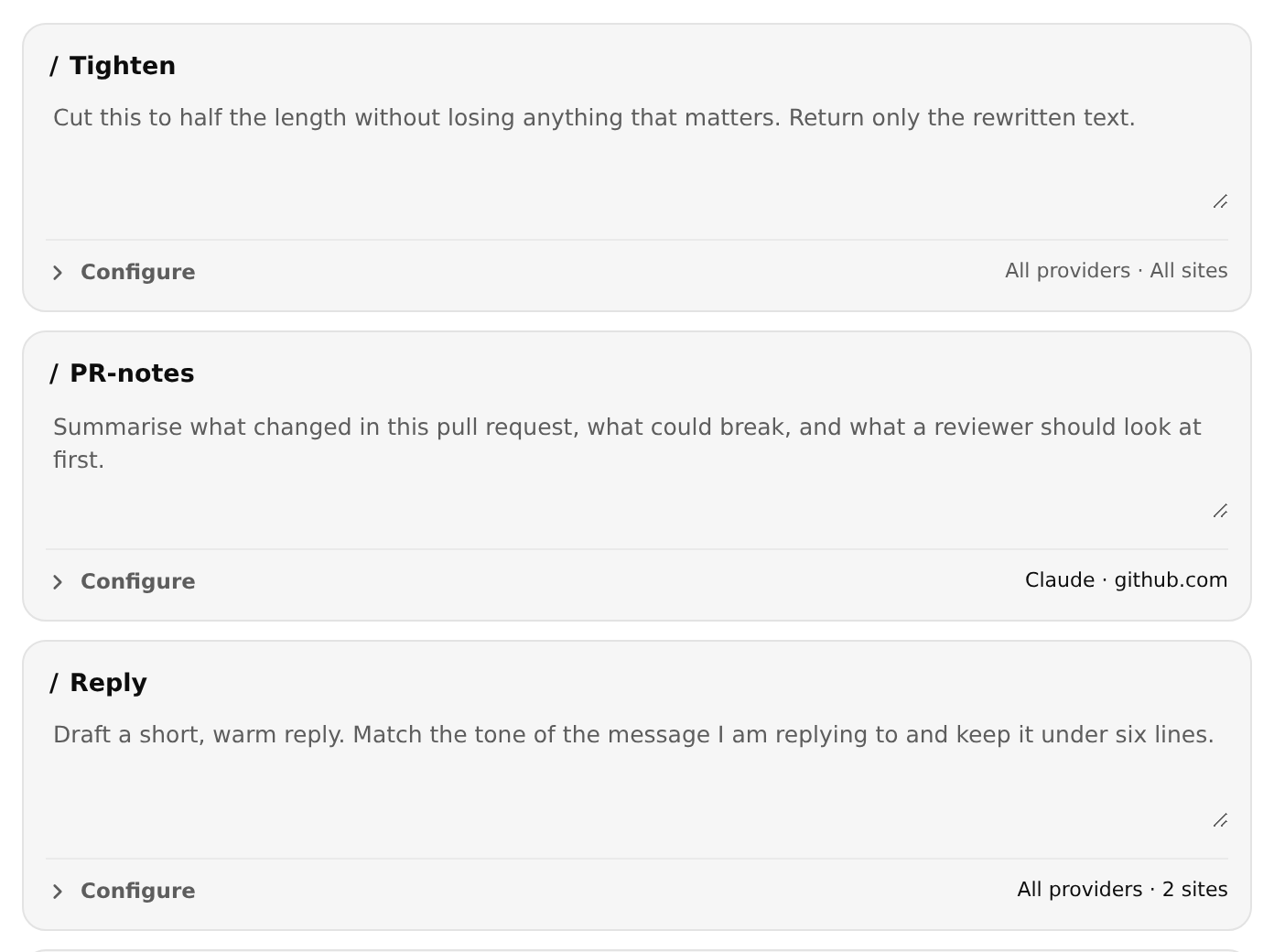 Three saved prompts. Tighten is set to all providers and all sites; PR-notes is set to Claude on github.com; Reply is set to all providers on two sites.